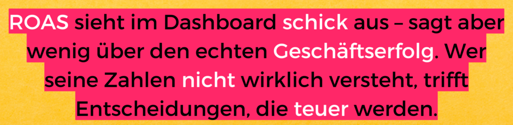 Banner mit Aufschrift "ROAS sieht im Dashboard schick aus - sagt aber wenig über den echten Geschäftserfolg. Wer seine Zahlen nicht wirklich versteht, trifft Entscheidungen, die teuer werden." als Reminder für den D2C E-Commerce